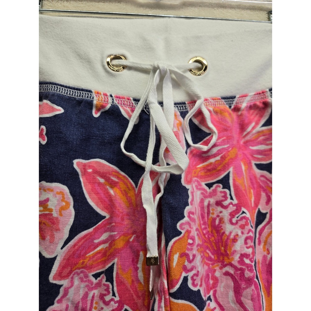 Lilly Pulitzer Linen Beach Pants Navy Pink Floral Tropical Drawstring XS Resort - Picture 5 of 10